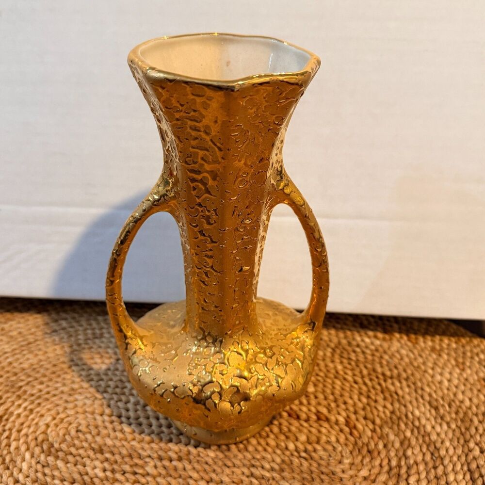 Vintage Weeping Bright Gold Vase Double Handle MCM Ceramic USA Hollywood Regency